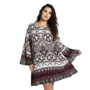 HAANI Ornate Bell Sleeve Midi Dress Size L Burgundy White Boho Whimsygoth Gypsy